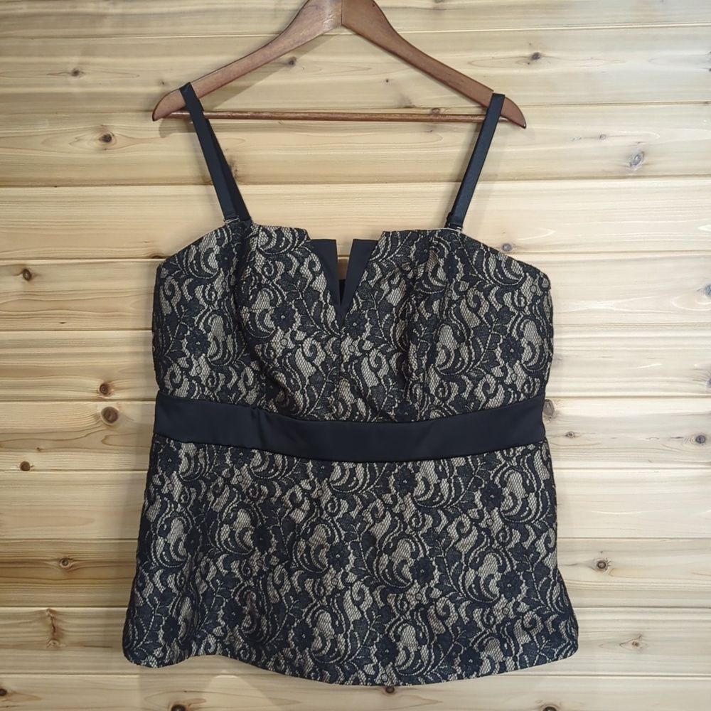 Lace-Overlay Black and Gold Camisole Top